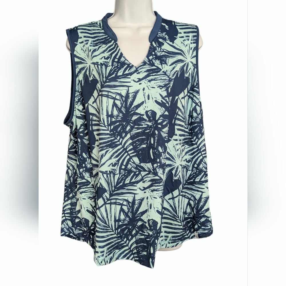Lady Hagen Tropical Print Blue Palm Tree Sleeveless Polo size XXL Women's NWT